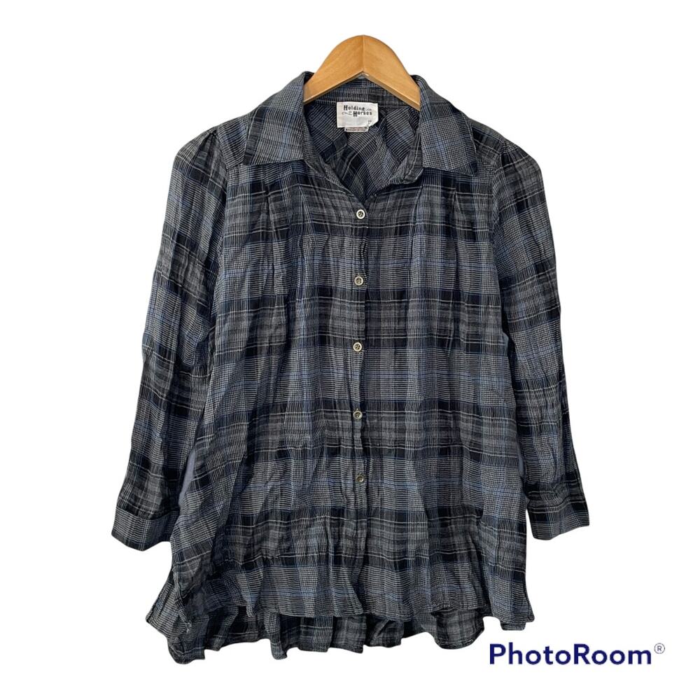 Holding Horses Plaid Hi Low Button Up Gray size XSP